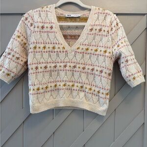 Zara Cream and Rose Ribbon V-Neck Sweater